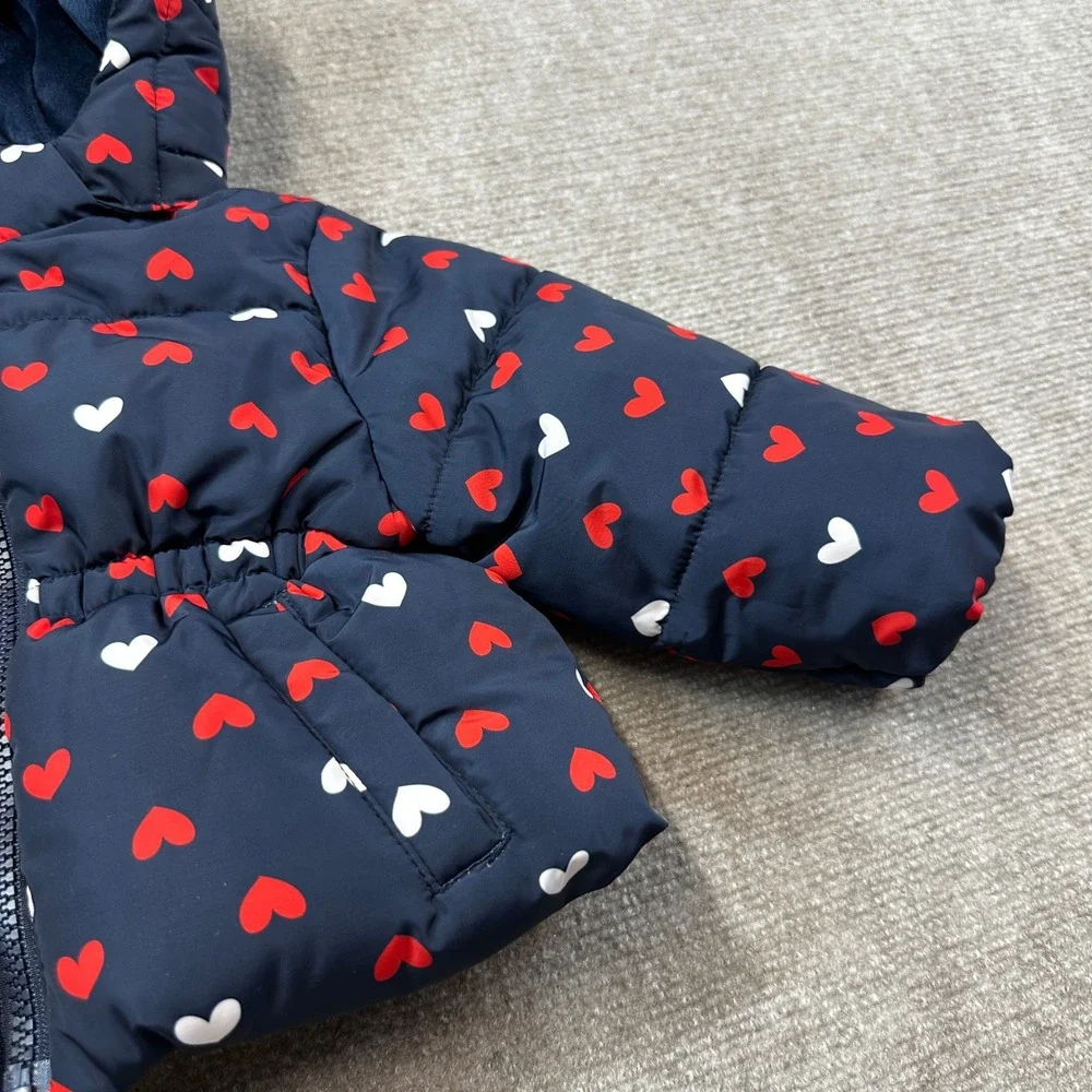 Amazon Essentials x Sofia Grainge Girls 12M Navy Hearts Hooded Puffer Jacket